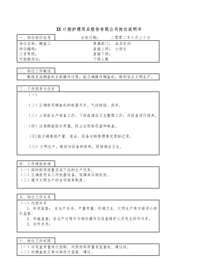 医药行业-成品车间-糊盒工岗位说明书