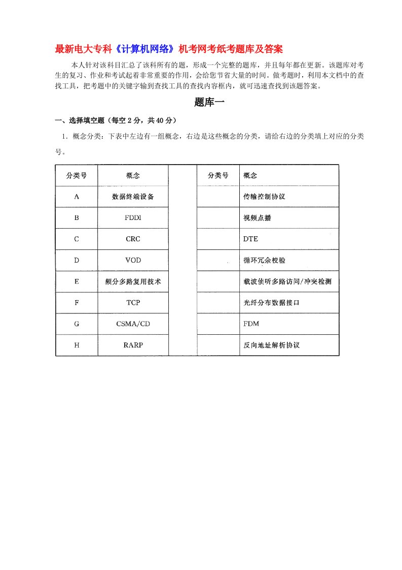 最新电大专科《计算机网络》机考网考纸考题库和答案