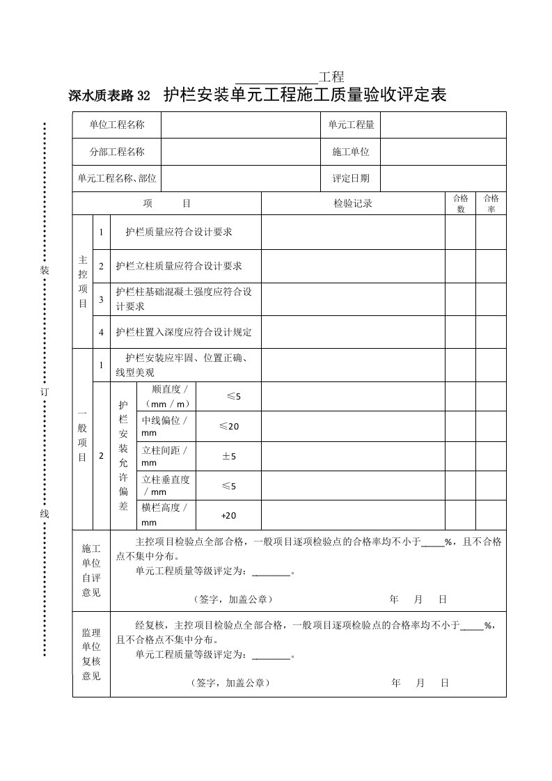 工程资料-深水质表路32护栏安装单元工程施工质量验收评定表