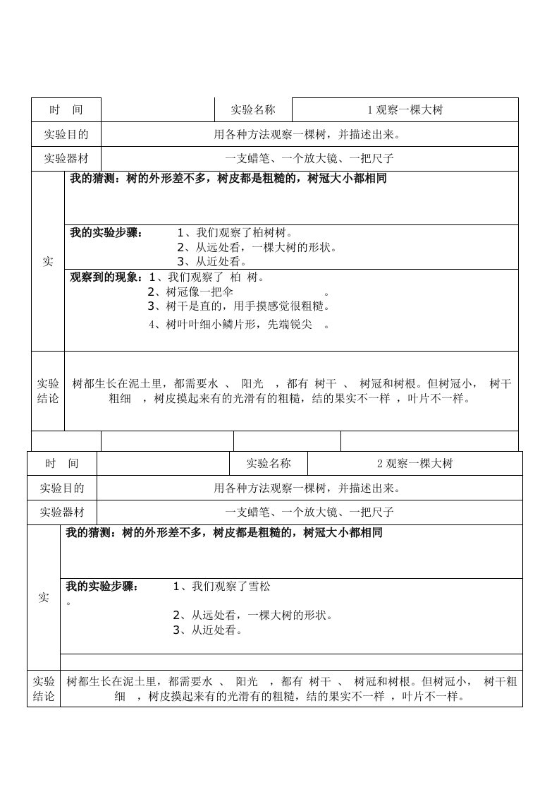 教科版三年级上册科学实验报告单20个