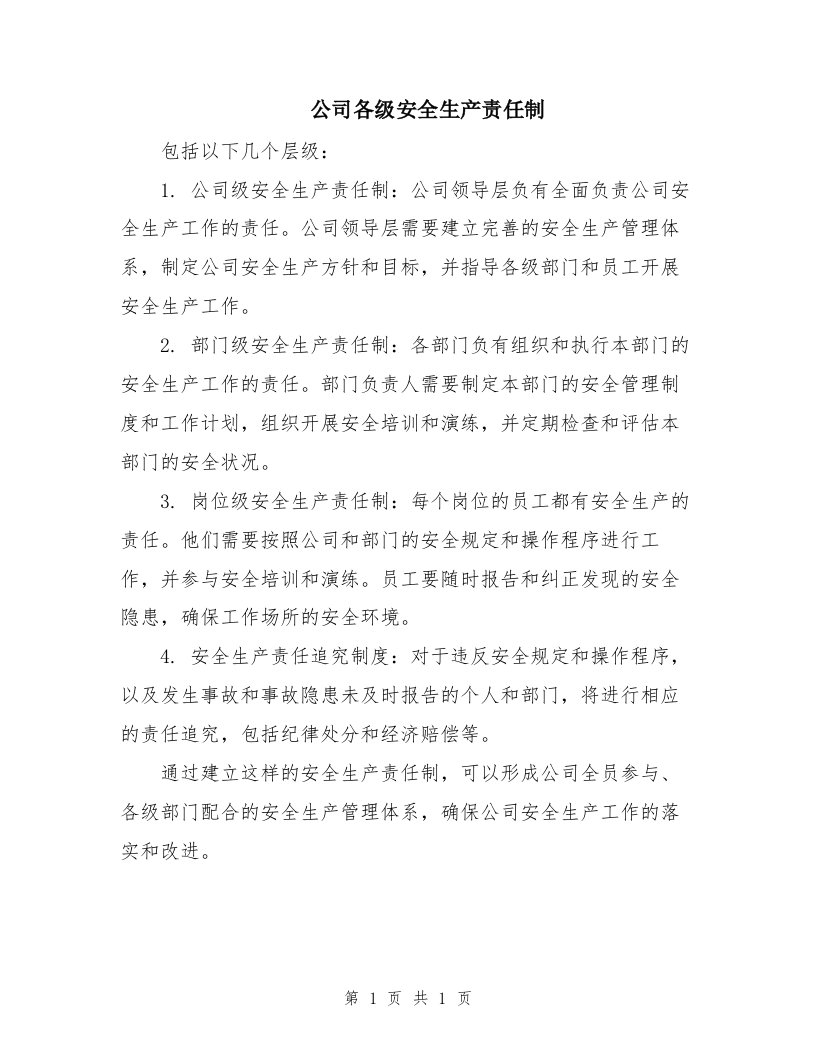 公司各级安全生产责任制