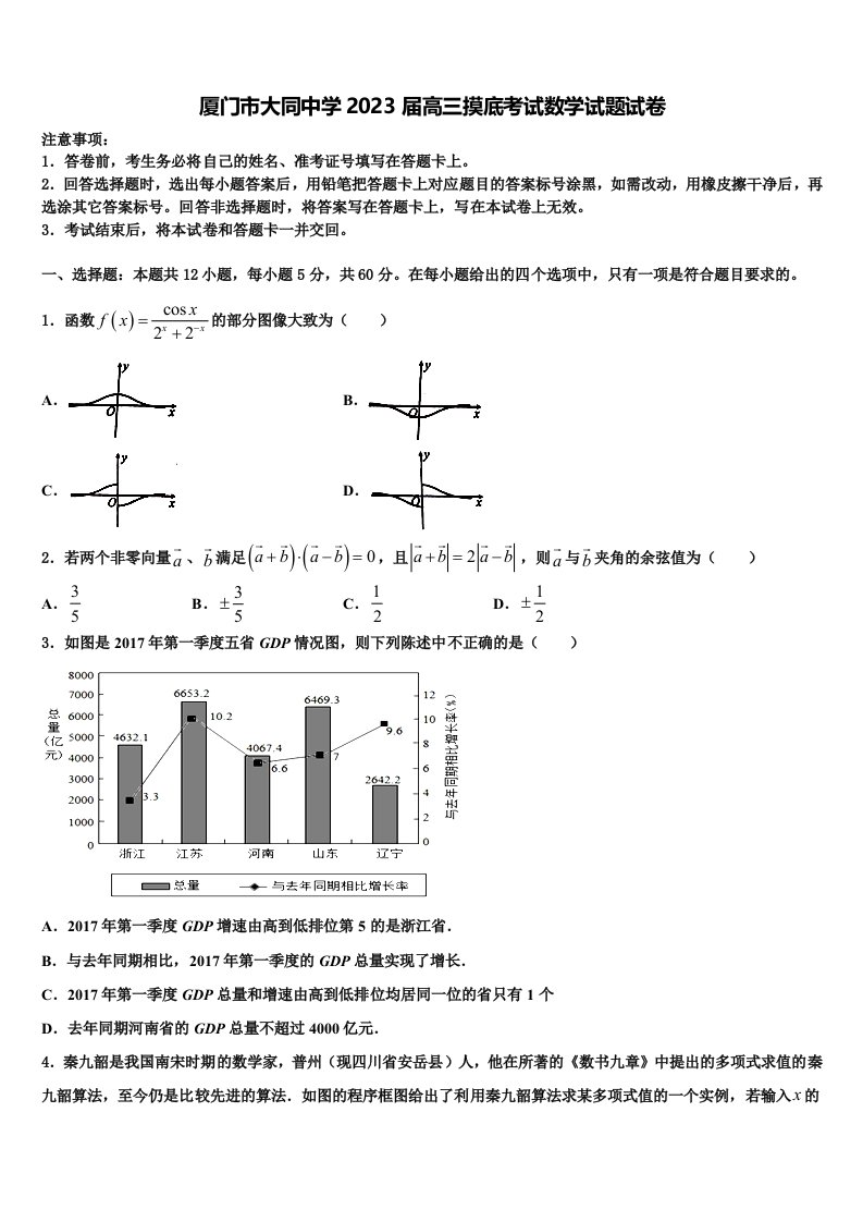 厦门市大同中学2023届高三摸底考试数学试题试卷