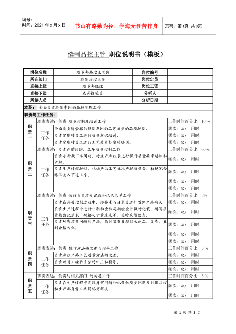 某服装生产企业缝制品控主管职位说明书