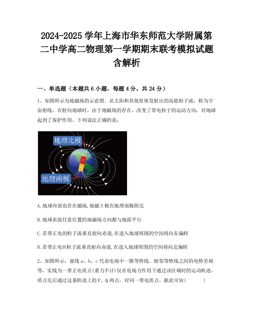 2024-2025学年上海市华东师范大学附属第二中学高二物理第一学期期末联考模拟试题含解析