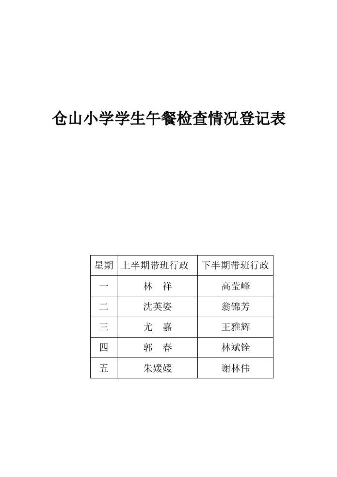 仓山小学学生午餐检查情况登记表