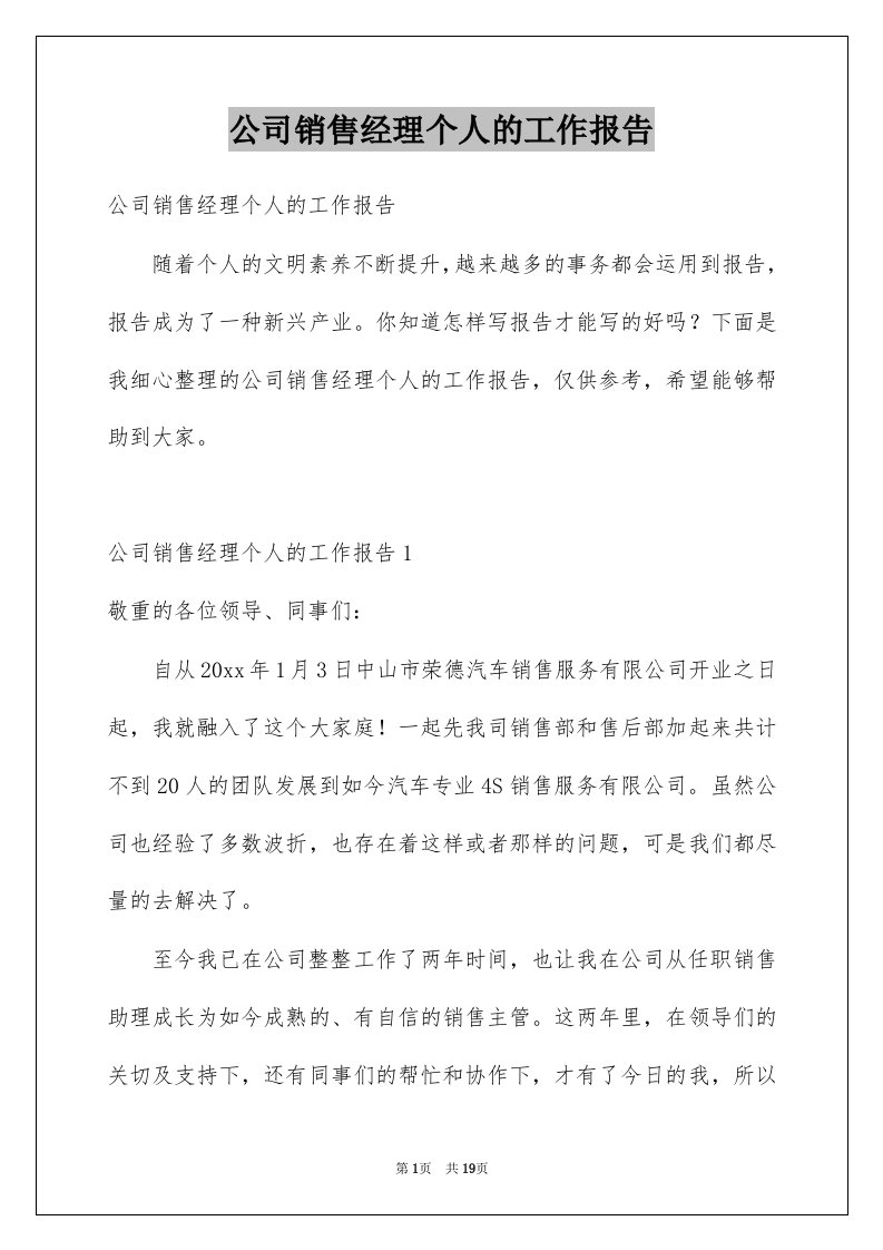 公司销售经理个人的工作报告例文