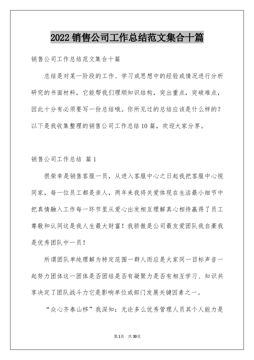 2022销售公司工作总结范文集合十篇