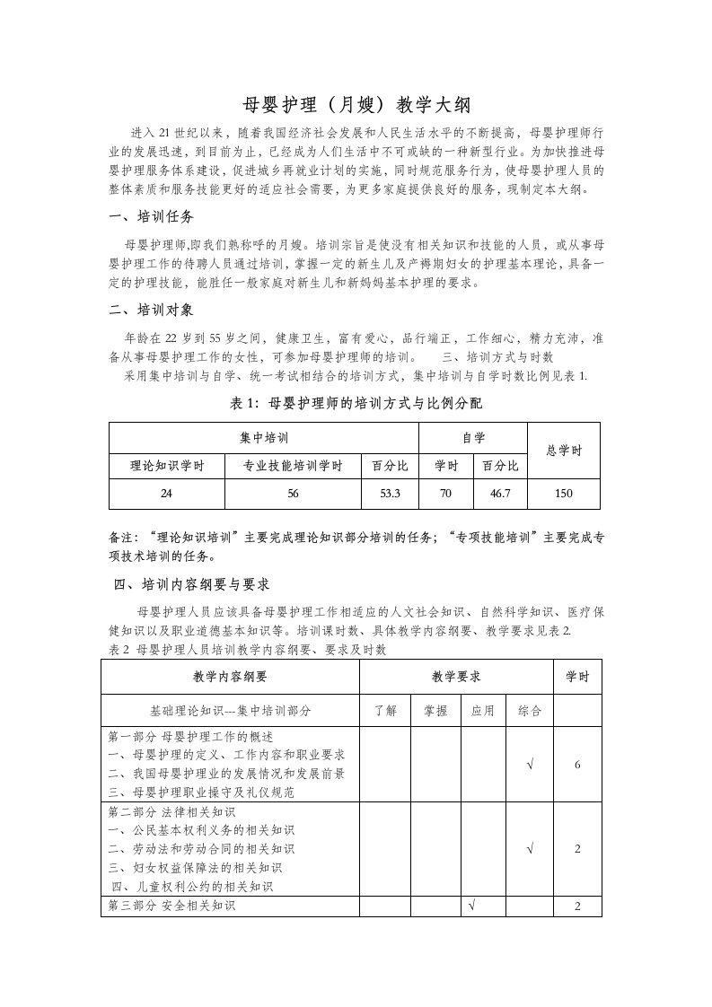 母婴护理(月嫂)教学大纲