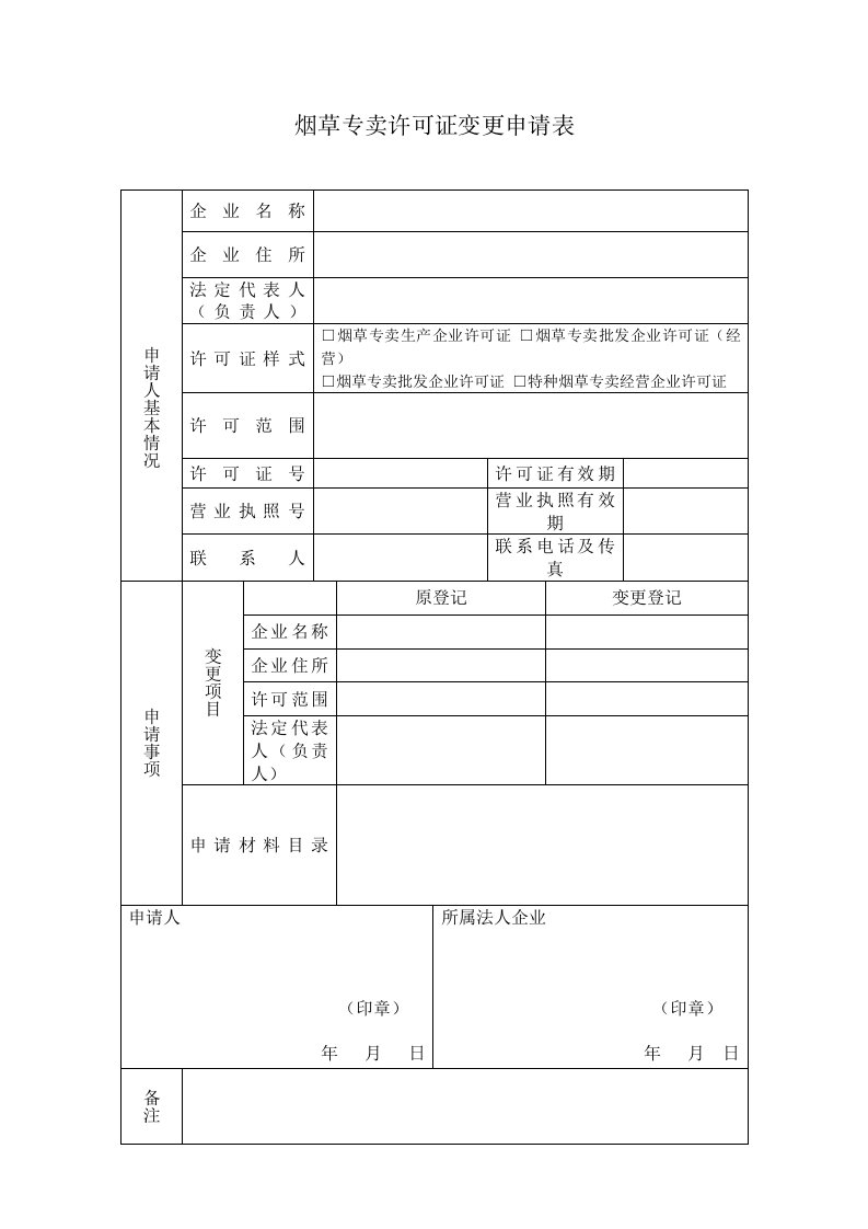 烟草专卖许可证变更申请表