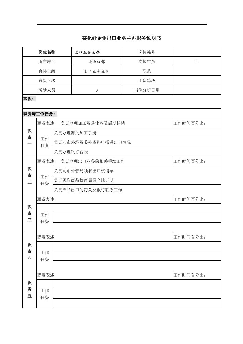 某化纤企业出口业务主办职务说明书