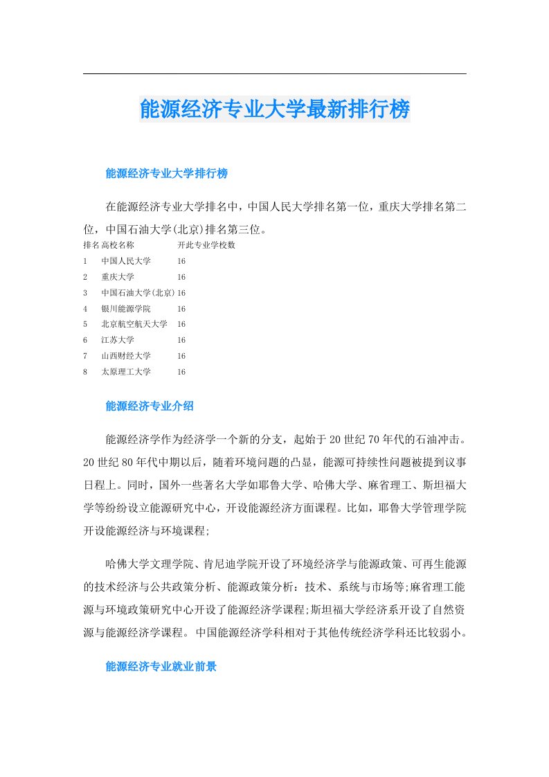 能源经济专业大学最新排行榜