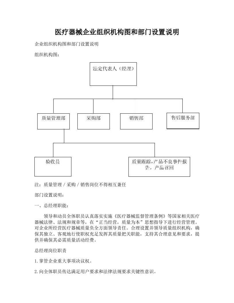 2021年医疗器械公司组织机构图和部门设置说明