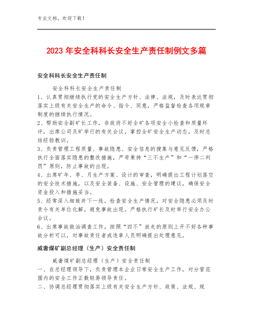 2023年安全科科长安全生产责任制例文多篇