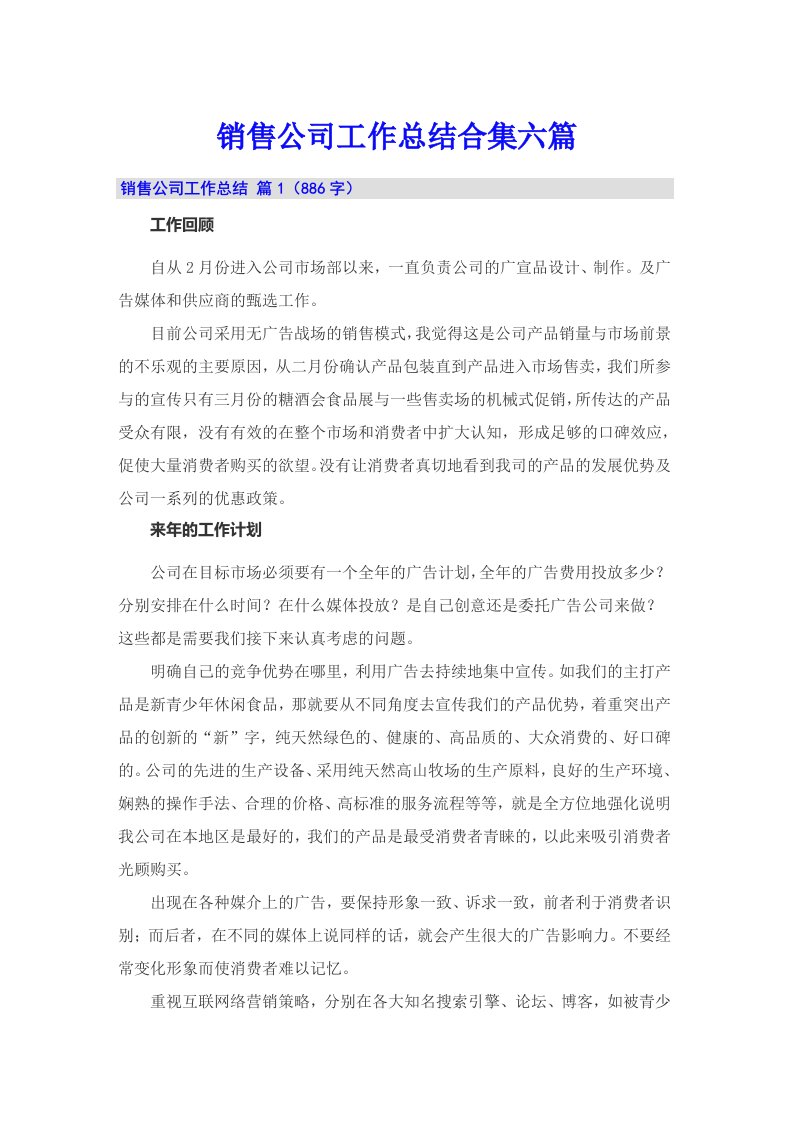 销售公司工作总结合集六篇