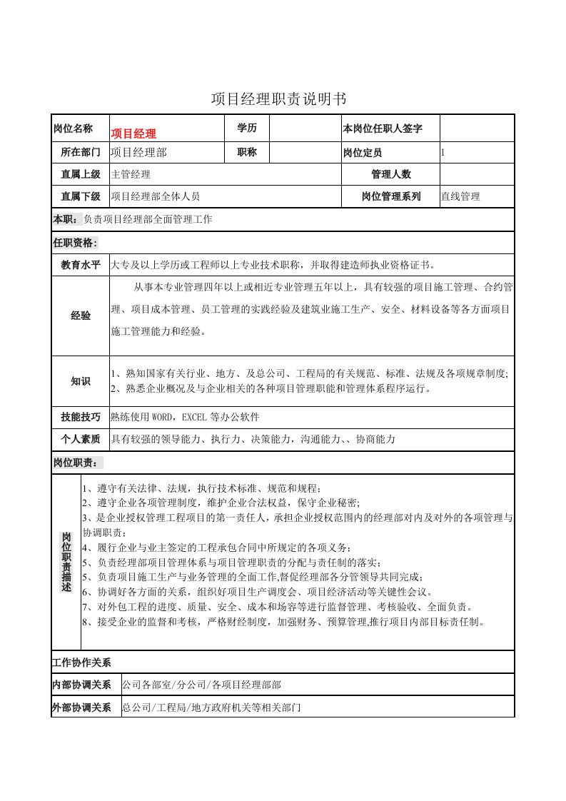 施工项目经理及安全经理职责说明书