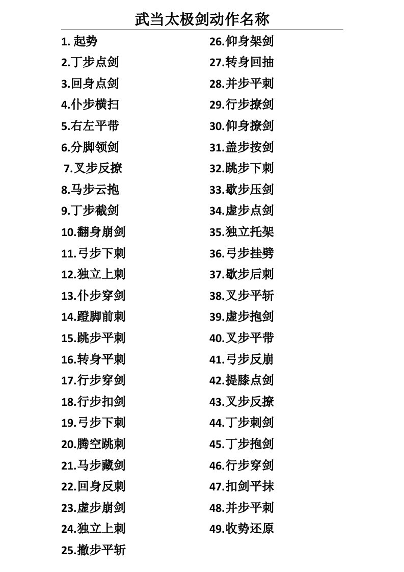 武当太极剑动作名称