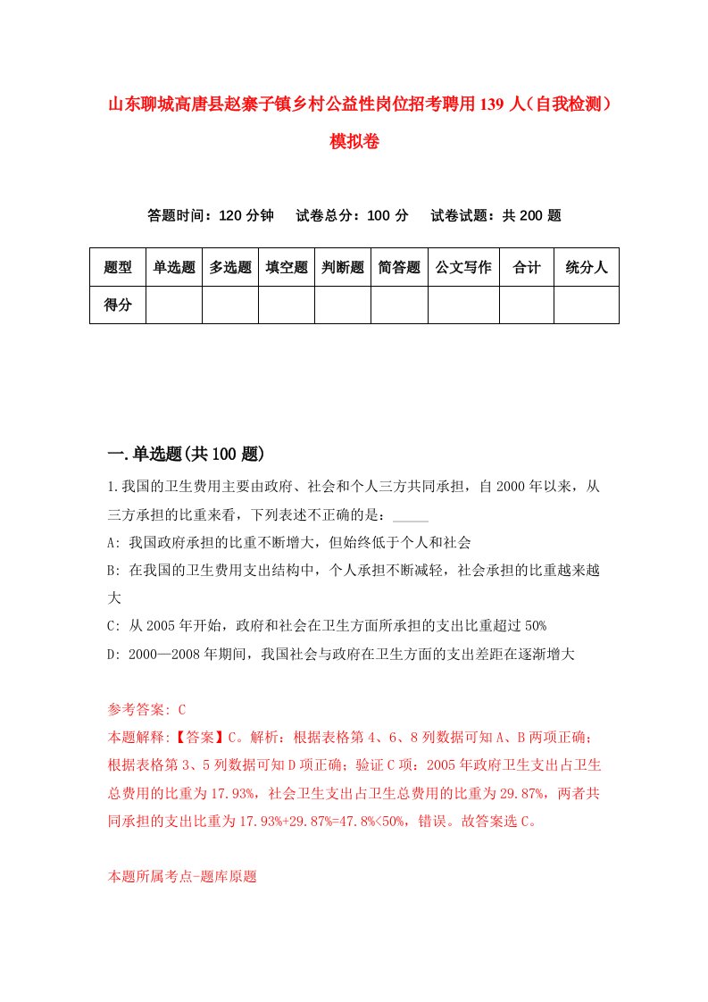 山东聊城高唐县赵寨子镇乡村公益性岗位招考聘用139人自我检测模拟卷4