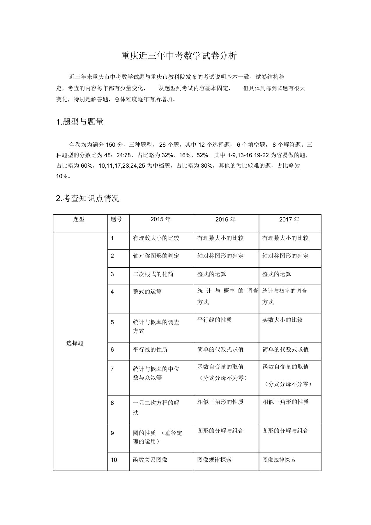 重庆近三年中考数学试卷分析