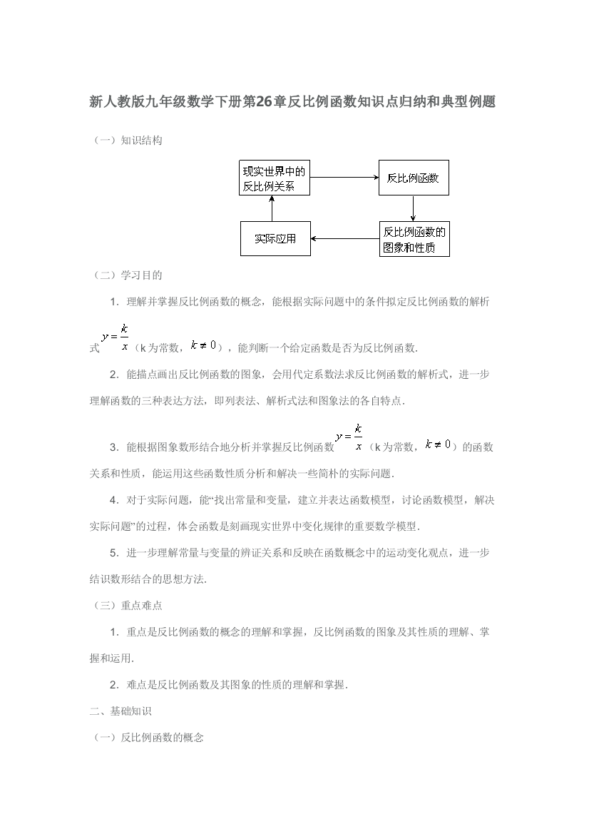 2023年新人教版九年级数学下册反比例函数知识点归纳和典型例题