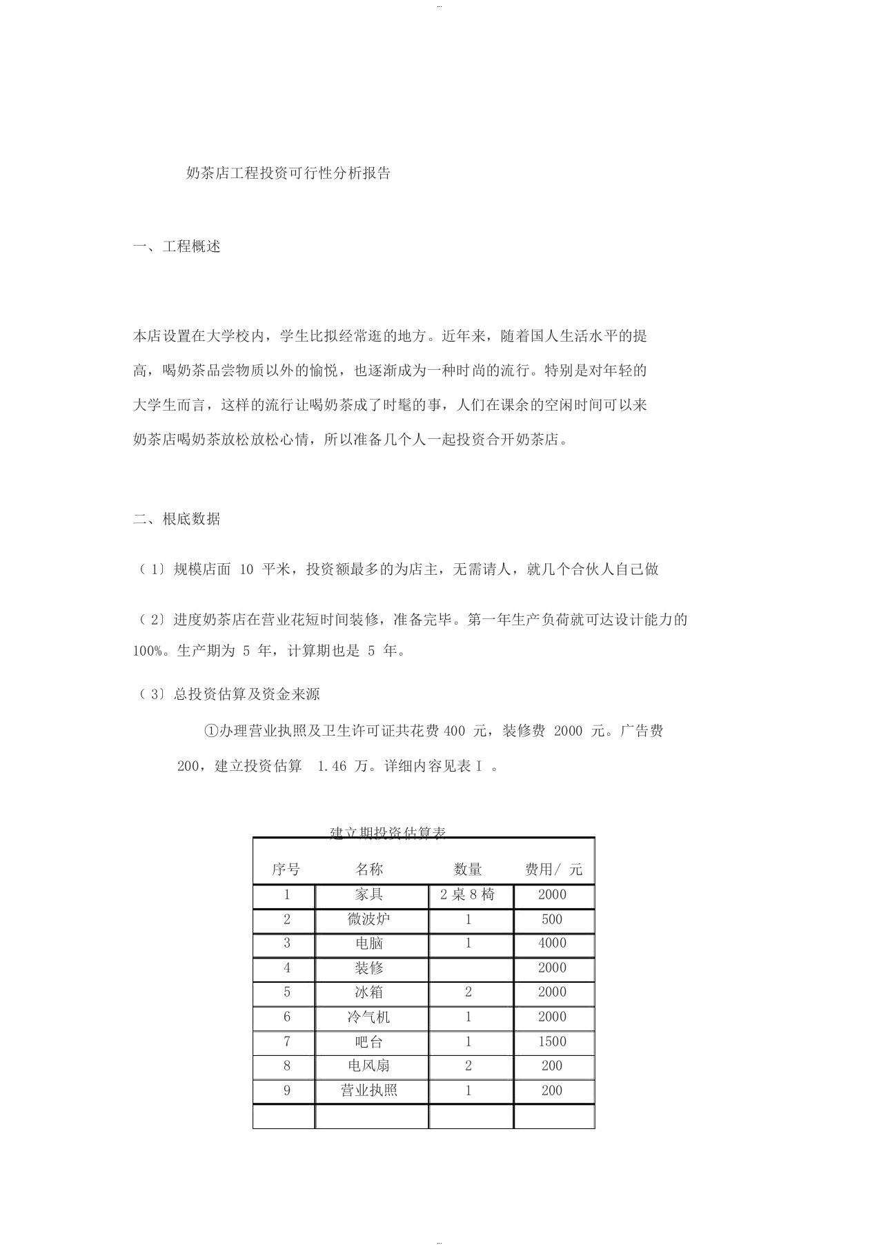 奶茶店项目投资可行性分析报告