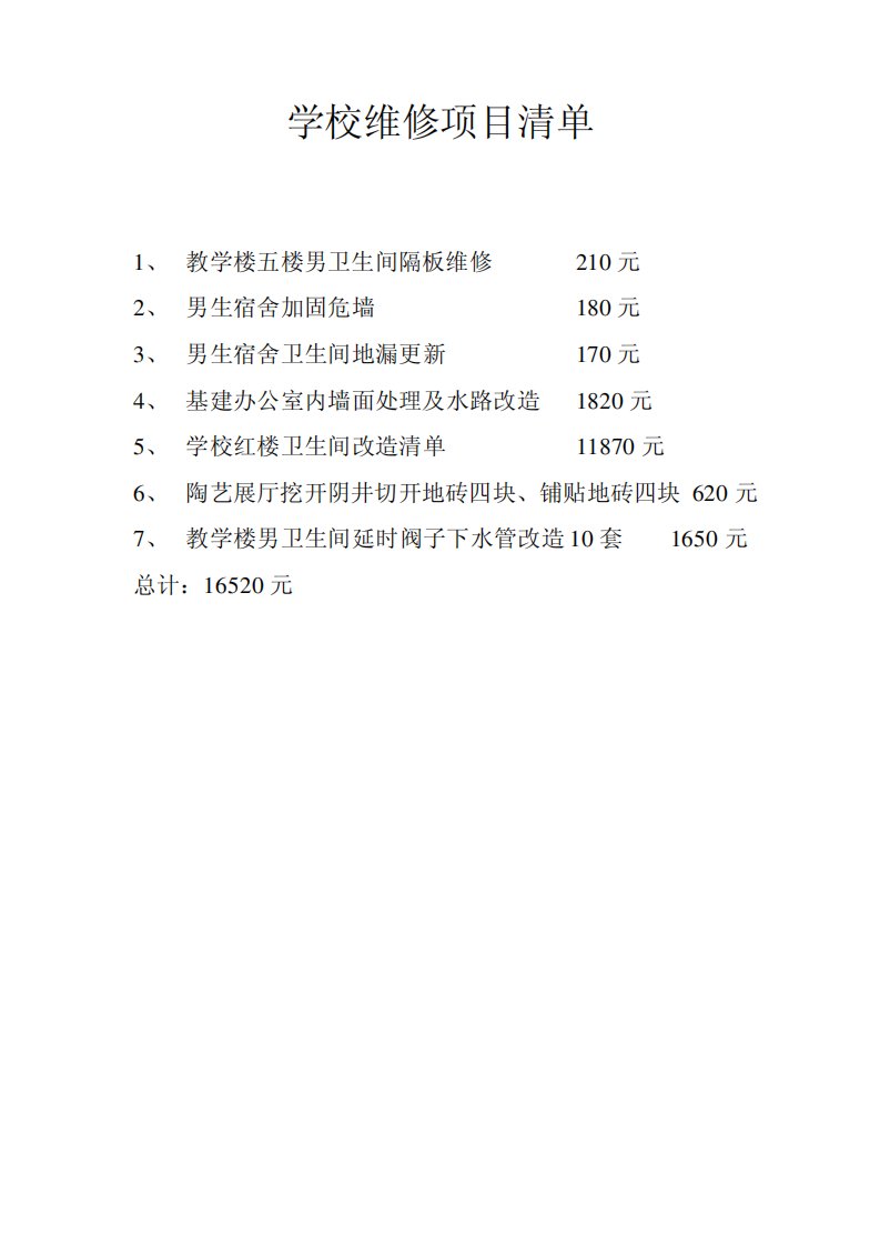 学校维修项目清单