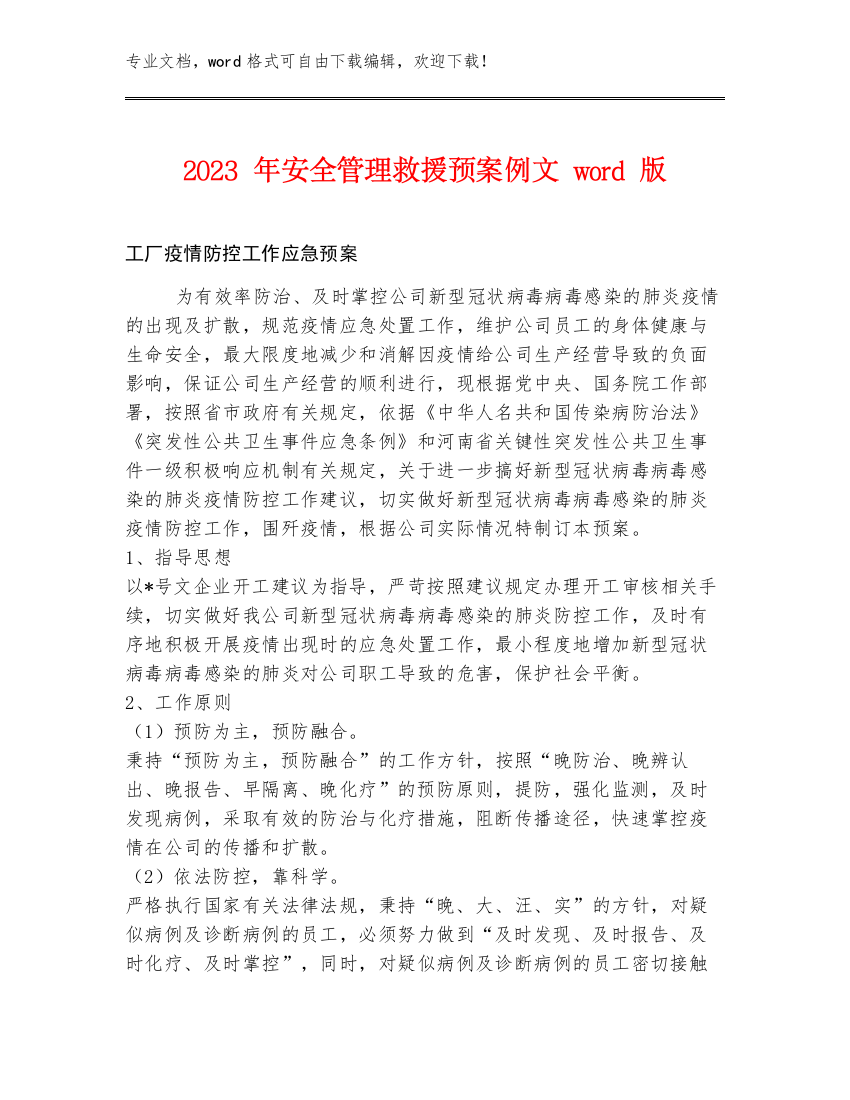 2023年安全管理救援预案例文word版