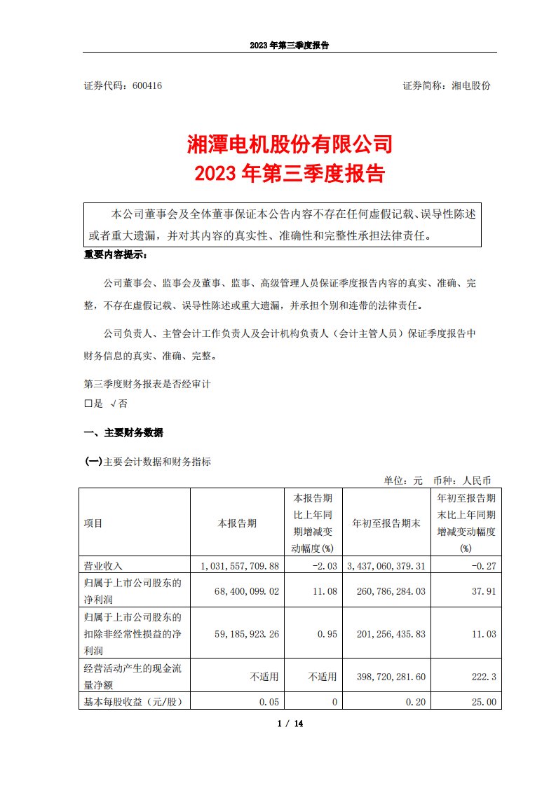 上交所-湘潭电机股份有限公司2023年第三季度报告-20231018