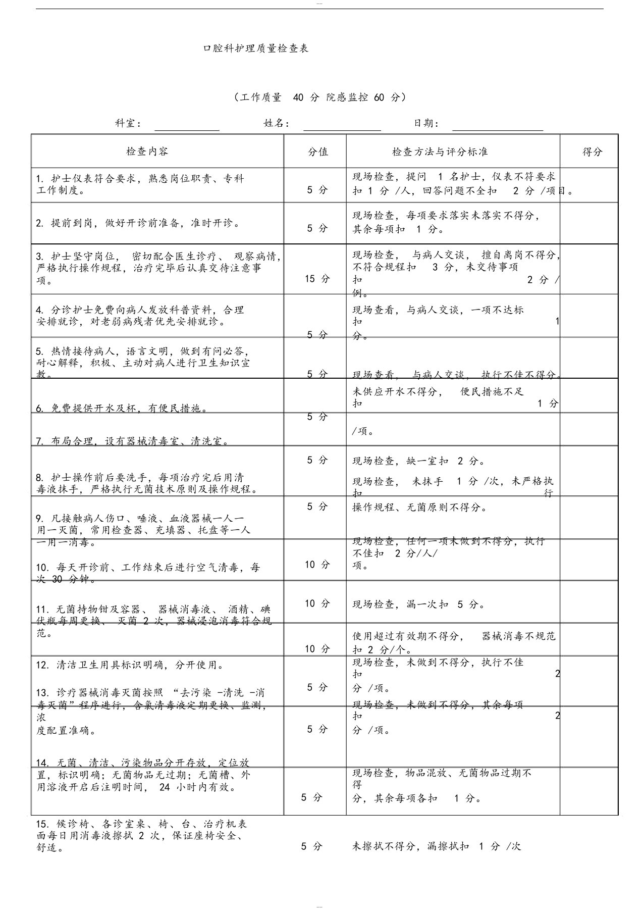 护理质量检查表口腔科