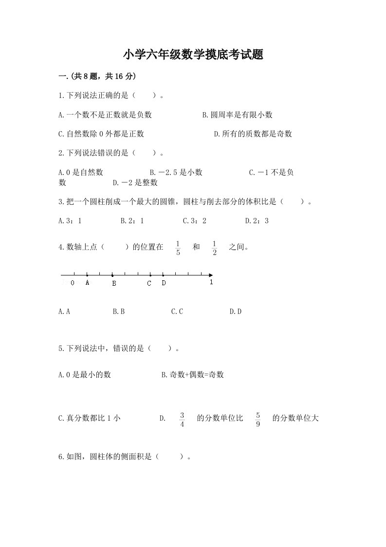 小学六年级数学摸底考试题含精品答案