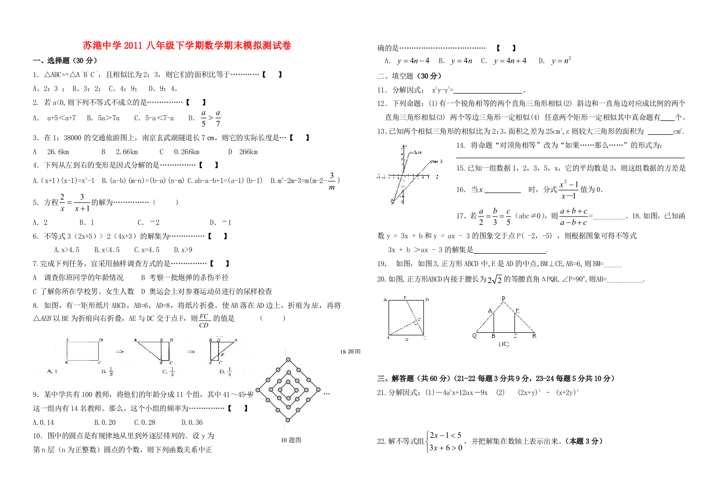 （小学中学试题）八年级数学下数学期末模拟测试卷(无答案)