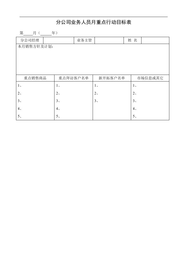 分公司业务人员月重点行动目标表