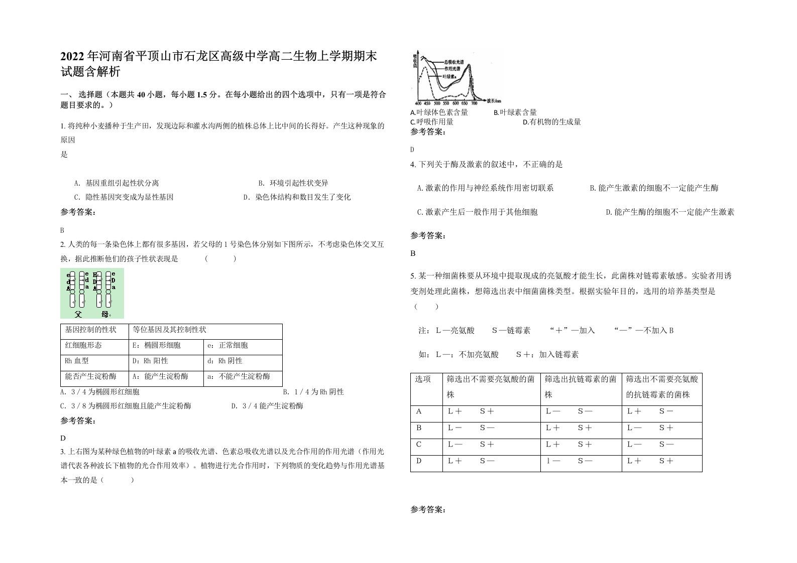 2022年河南省平顶山市石龙区高级中学高二生物上学期期末试题含解析