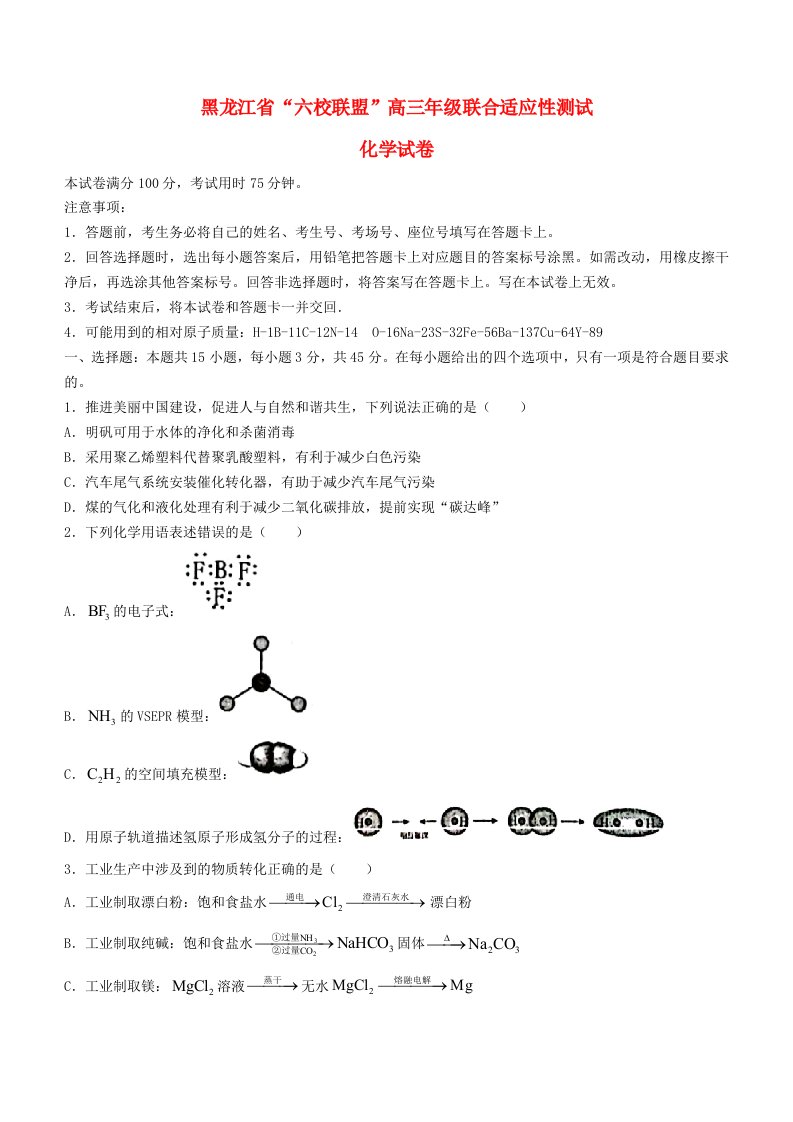 黑龙江省六校联盟2024届高三化学下学期联合性适应测试