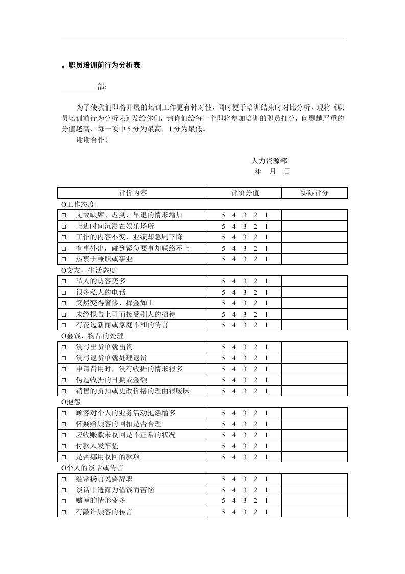 职员培训前行为分析表