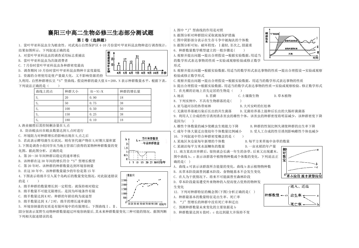 高二生物必修三生态部分测试题