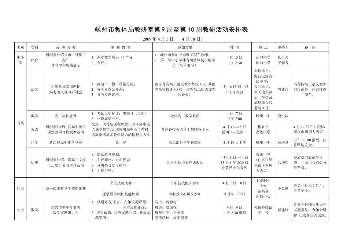 嵊州市教体局教研室第9周至第10周教研活动安排表