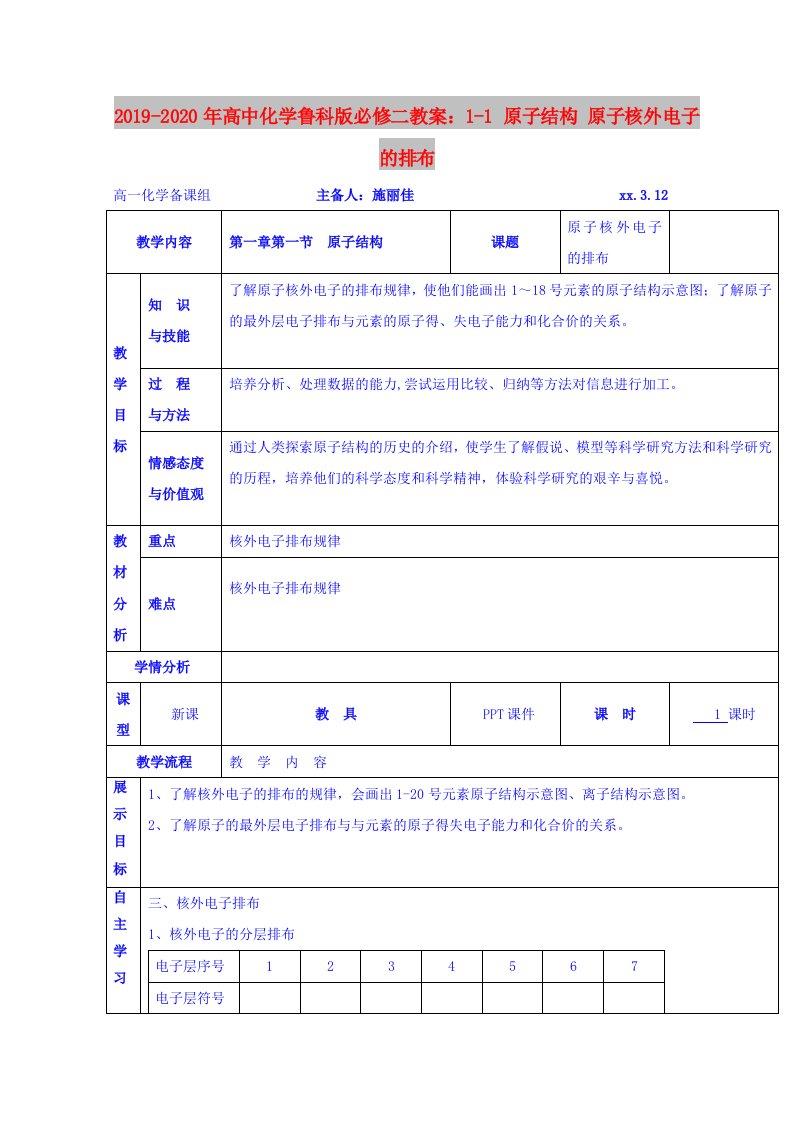 2019-2020年高中化学鲁科版必修二教案：1-1