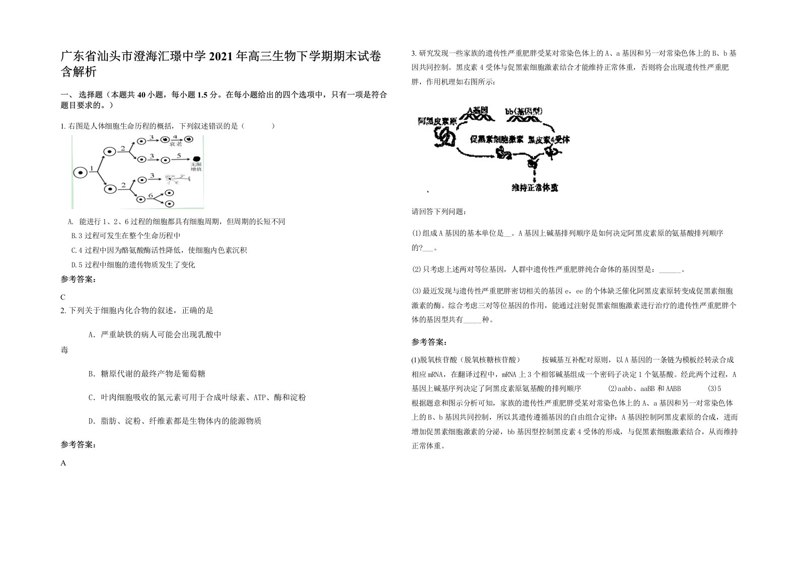 广东省汕头市澄海汇璟中学2021年高三生物下学期期末试卷含解析