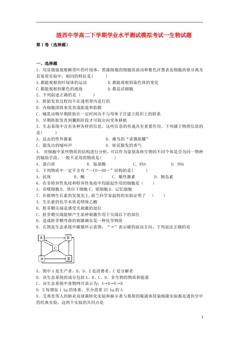 江苏省涟水县高二生物下学期学业水平测试模拟考试一试题苏教版