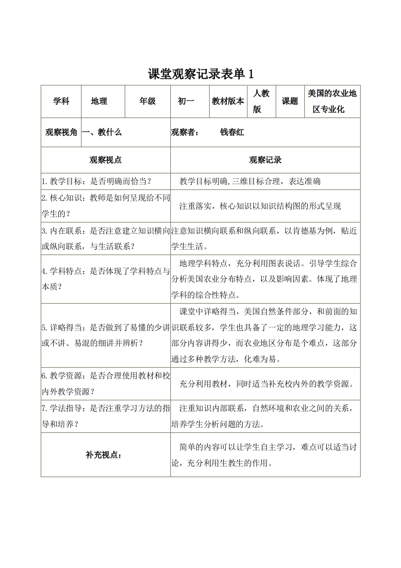 【钱春红】课堂观察记录表单