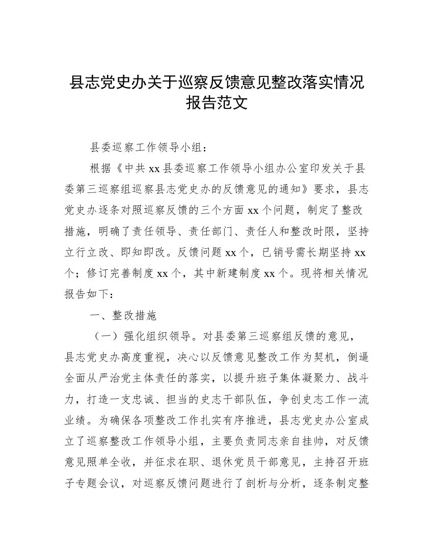 县志党史办关于巡察反馈意见整改落实情况报告范文