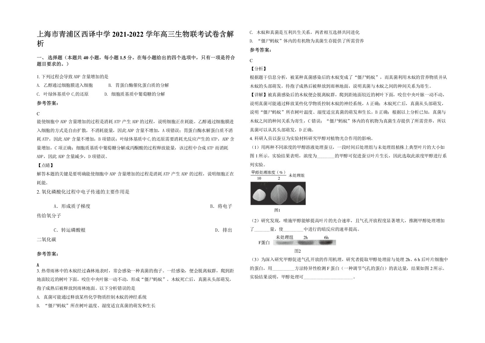 上海市青浦区西译中学2021-2022学年高三生物联考试卷含解析