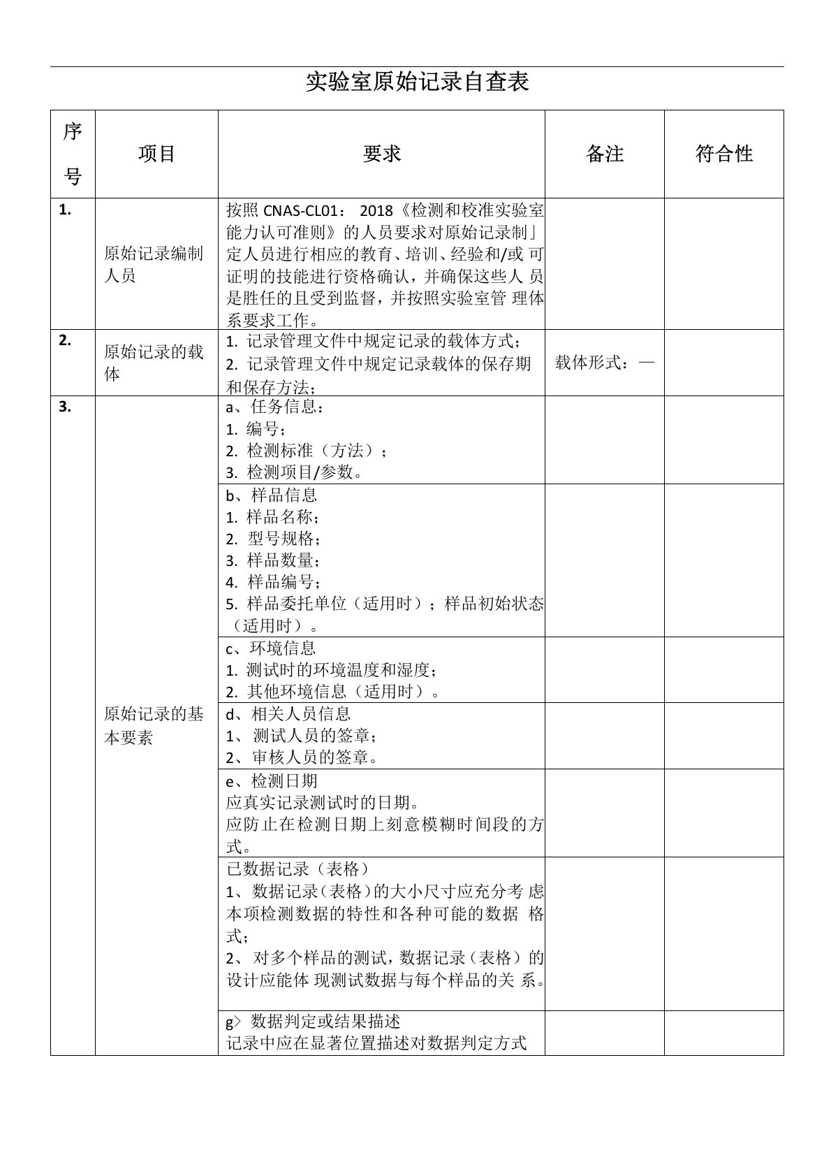 实验室原始记录自查表