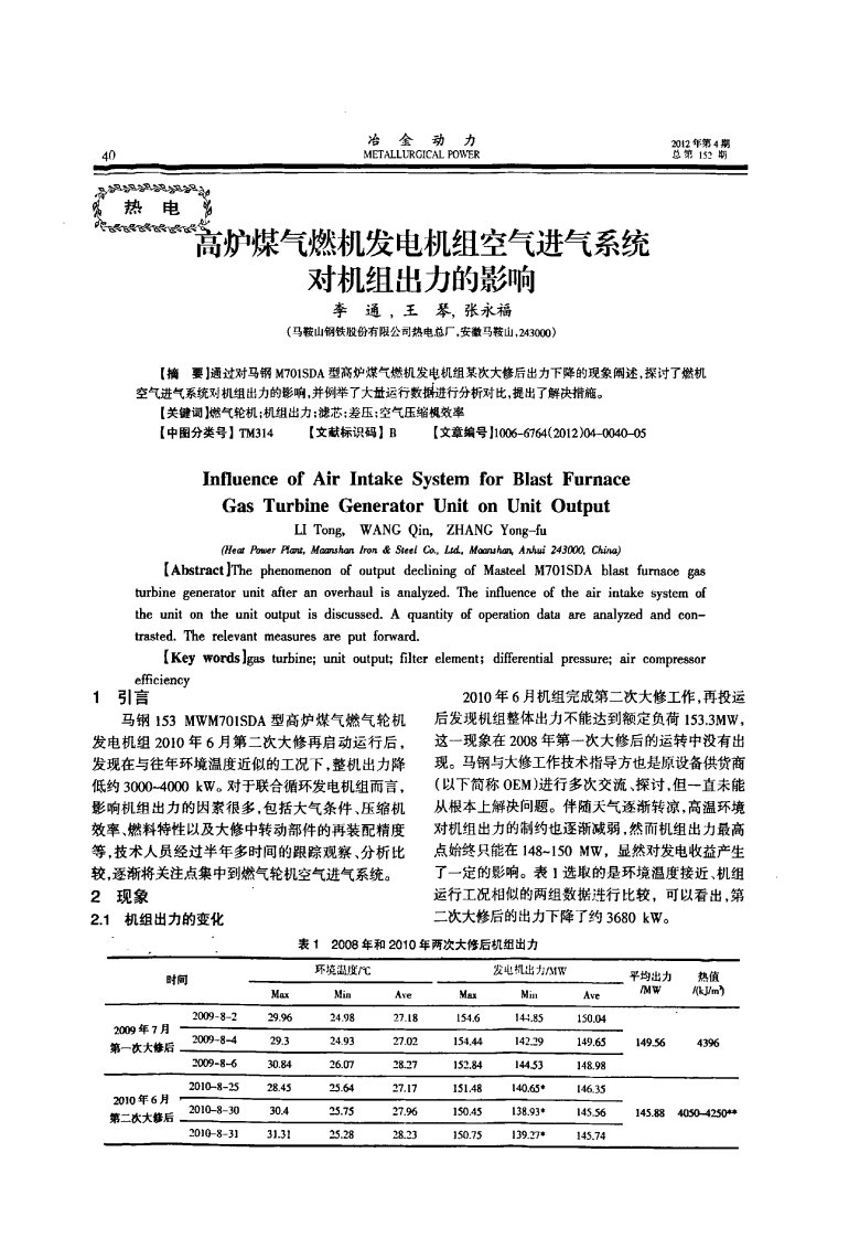 高炉煤气燃机发电机组空气进气系统对机组出力影响