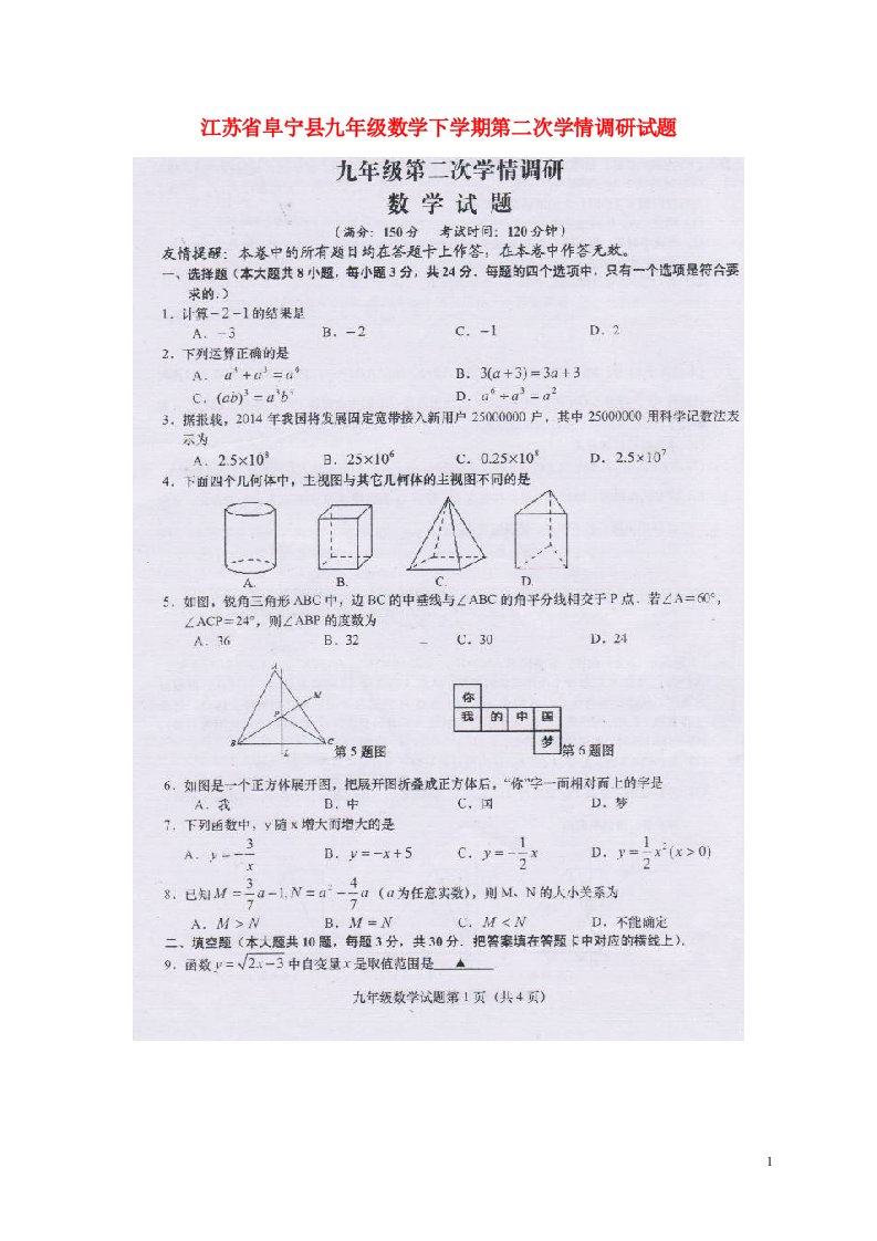 江苏省阜宁县九级数学下学期第二次学情调研试题（扫描版）