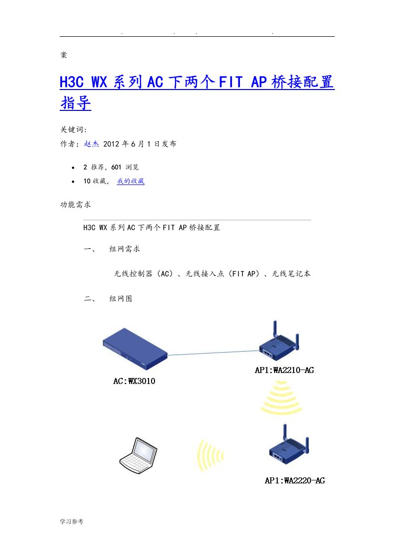 H3CWX系列AC下两个FITAP桥接配置指导