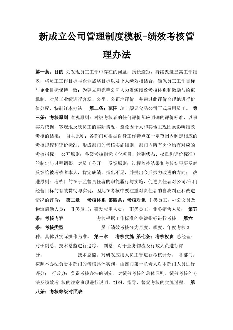 新成立公司管理制度模板绩效考核管理办法