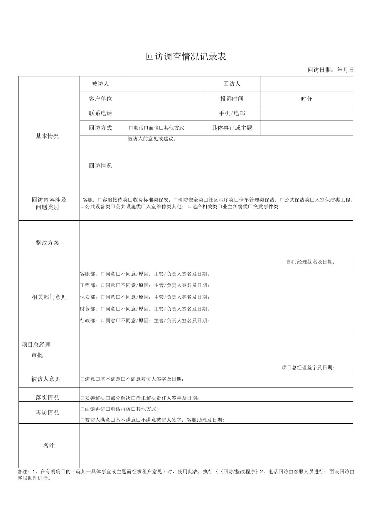 物业公司客服回访情况调查记录表