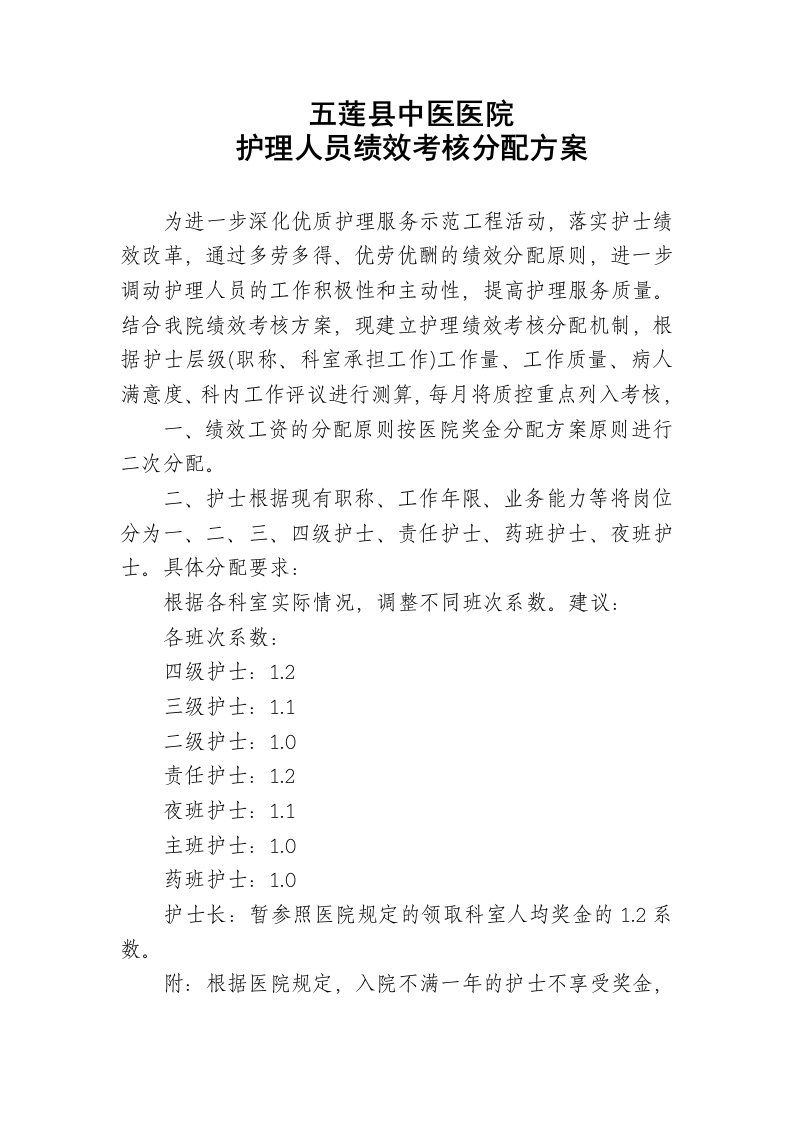 县中医医院护理人员绩效考核分配方案