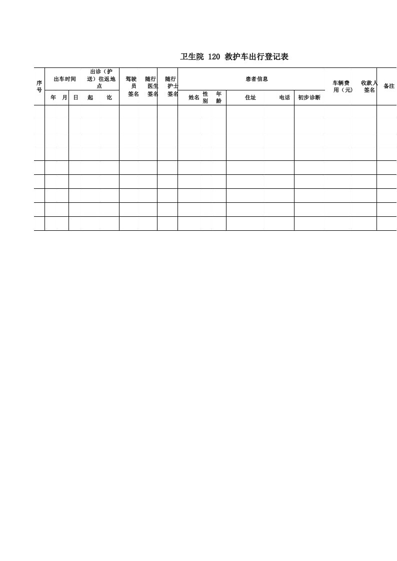 卫生院120救护车出行登记表